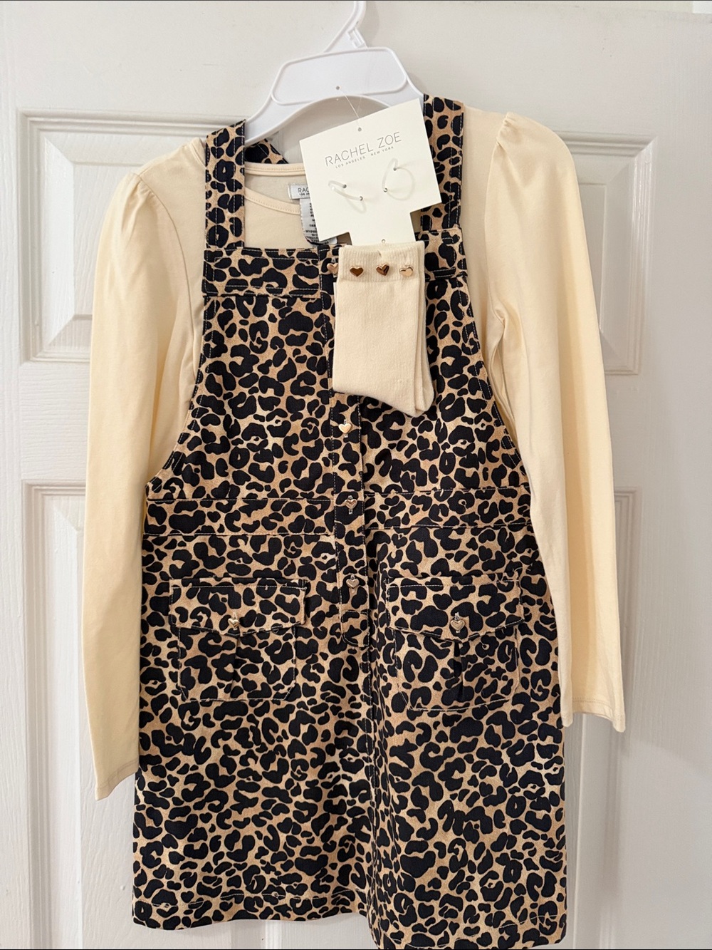 Rachel Zoe Leopard Print Pinafore Jumper in Tan & Black with Cream Blouse